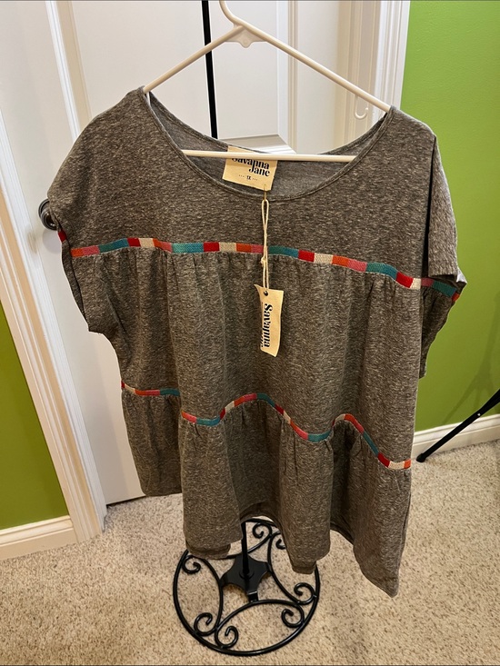 Savanna Jane Tops - NWT 1x Savanna Jane Gray Short-Sleeve Tiered Tunic with Multicolor Trim